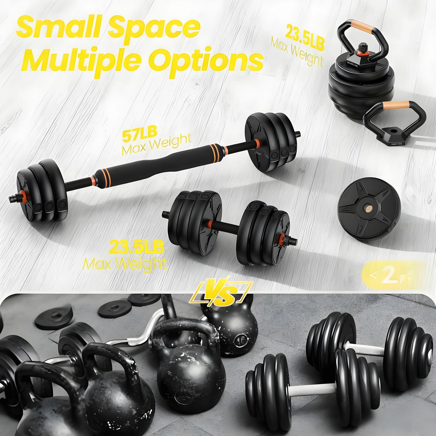 Adjustable Free Weights Set – 20-90 lbs, 5-in-1, Kettlebell, Barbell & Push Up Stand