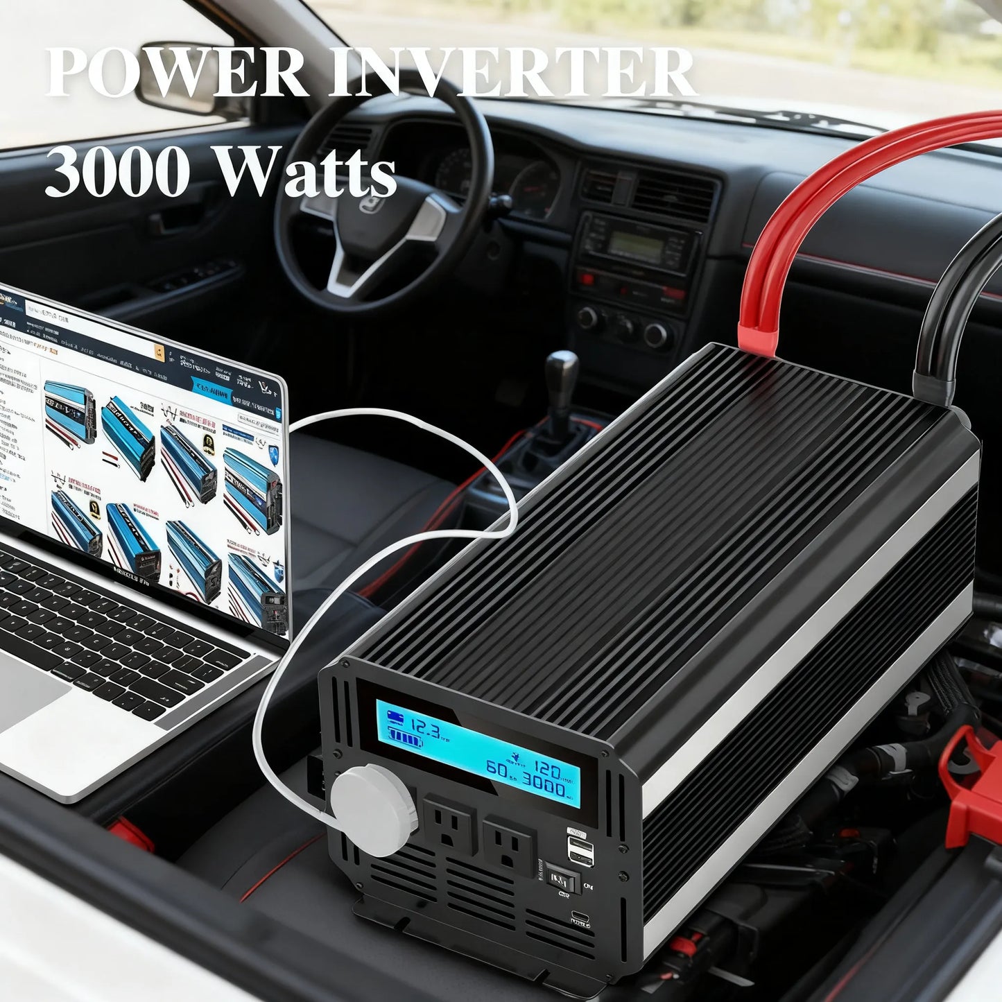 3000W Car Power Inverter, 12V to 110V with Remote & Display