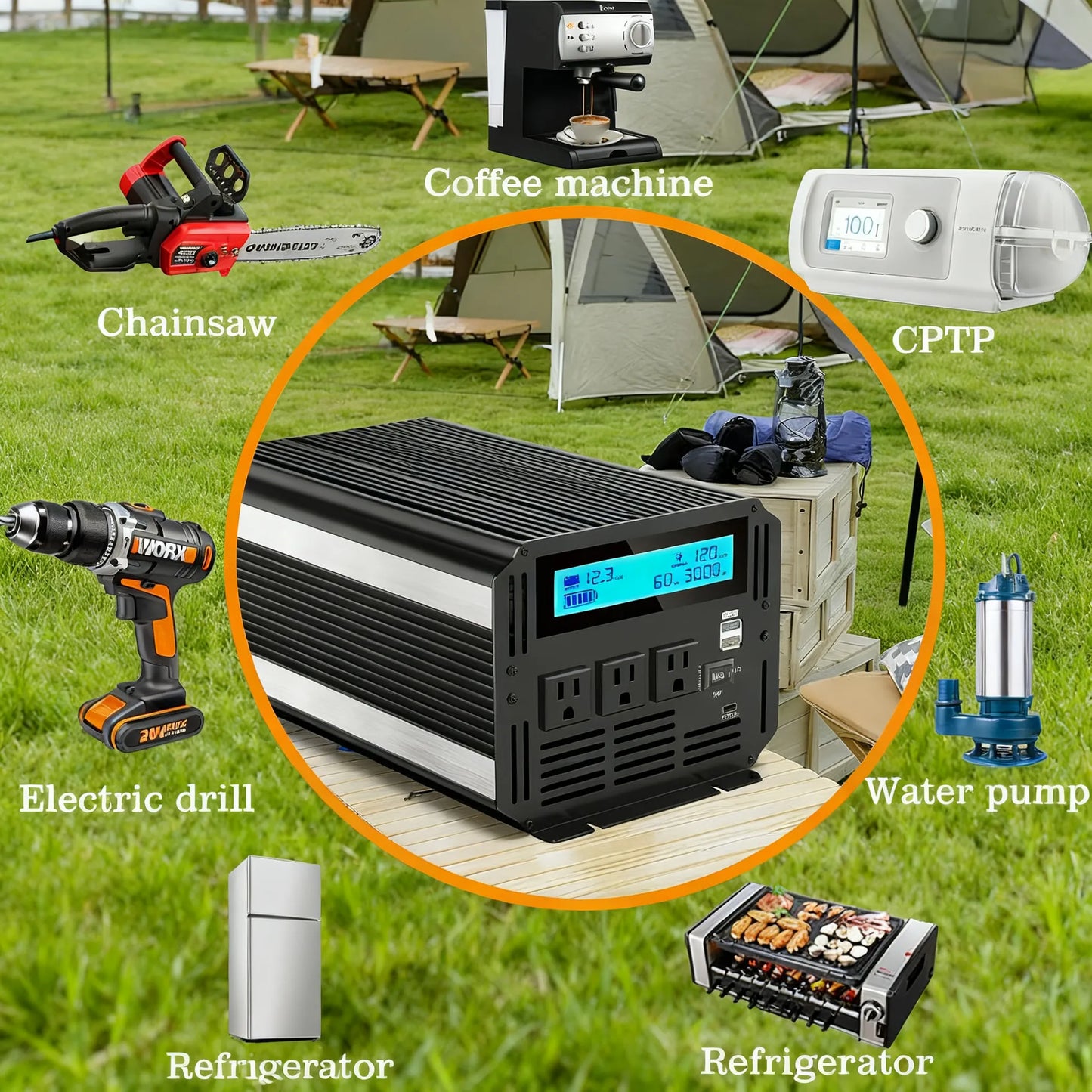 3000W Car Power Inverter, 12V to 110V with Remote & Display