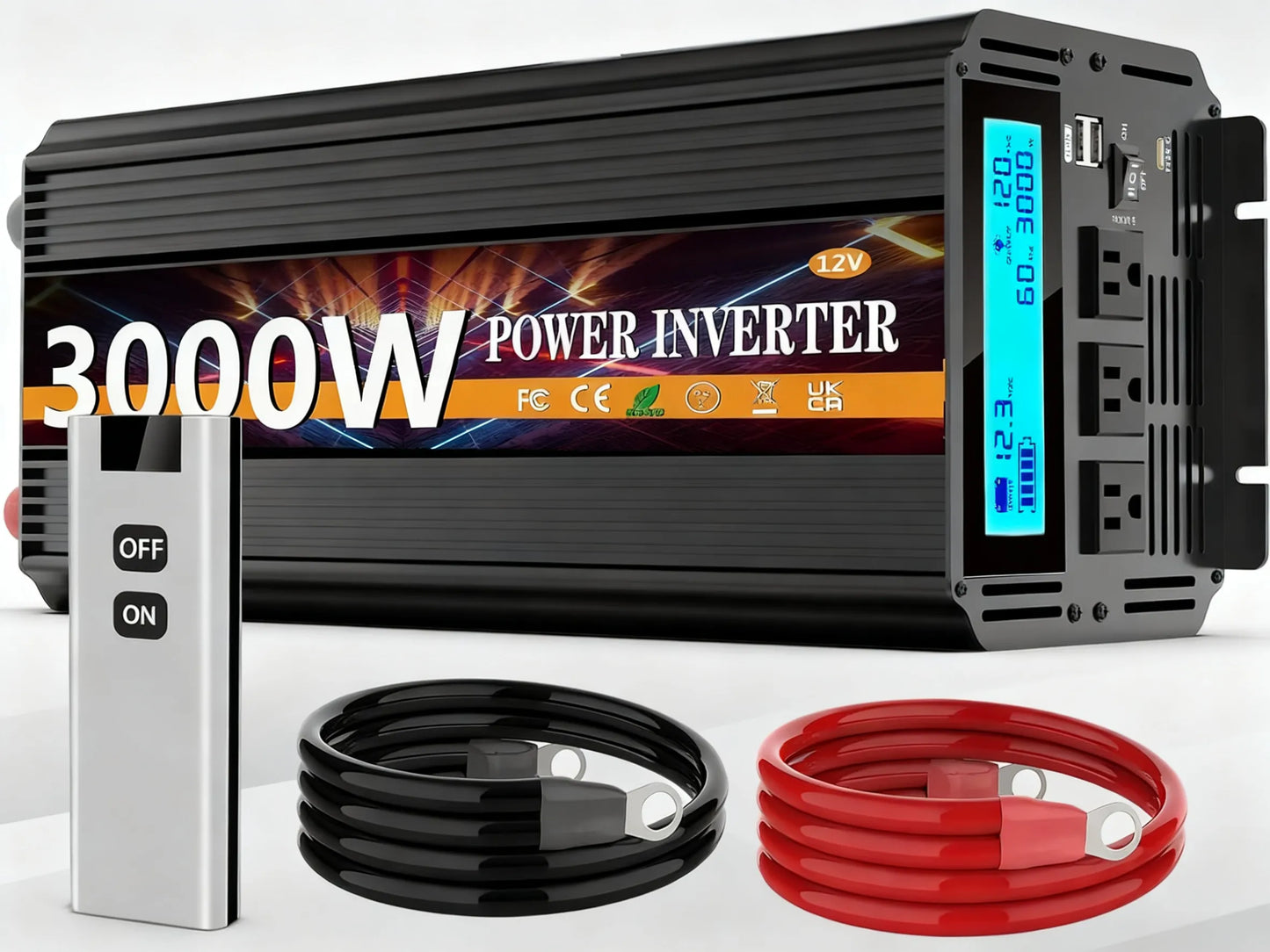 3000W Car Power Inverter, 12V to 110V with Remote & Display