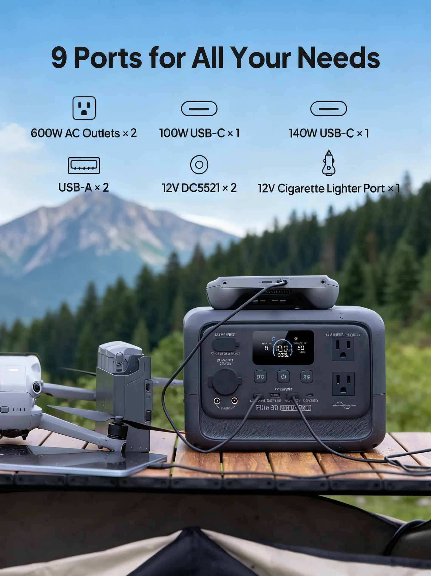 288Wh Portable Power Station, 600W Output with LiFePO4 Battery & UPS